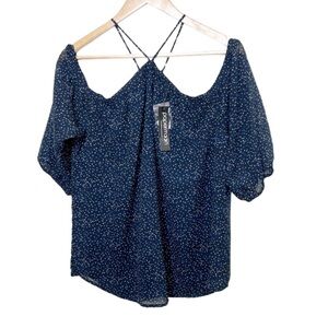 New with Tags Papermoon Women's Lidia Cold Shoulder Navy Polka Dot Navy Blouse